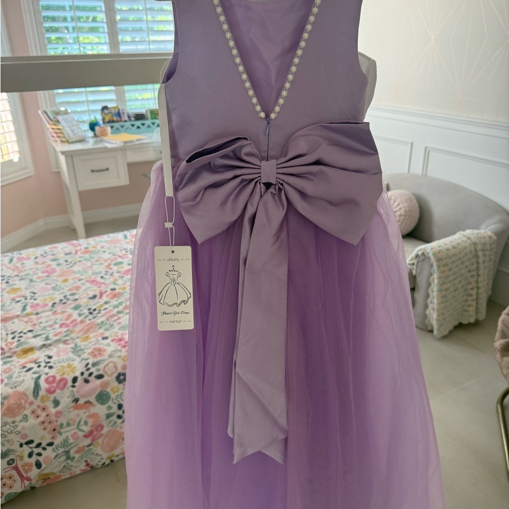 Lilac Pearl-Trim Girls' Party Dress with Bow